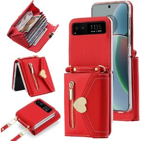 for Motorola Razr 2023 Wallet Case with Crossbody Strap, Motorola Razr 2023 Flip Case Credit Card Holder Heart Shaped Buckle Women Girls Leather Protective Case for Motorola Razr 2023 Red