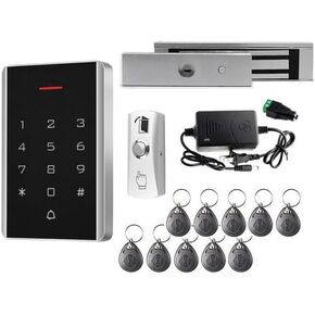 Door Access Control System Kit, 200kg/440lb Holding Force, Electric Magnetic Lock System, Electromagnetic Lock Kit with RFID Keypad/Reader, 10 Keyfobs, 110V Power Supply, Metal Exit Button