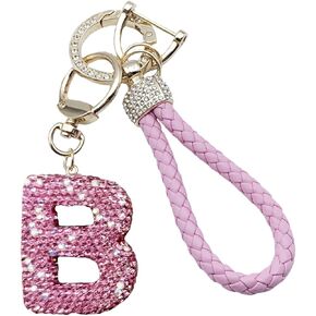 A-Z Initials Car Keychains Bling with Wrist Lanyard Personalized Key Rings Pink for Women Girls Handbags