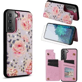 Asuwish Phone Case for Samsung Galaxy S21 5G 6.2 inch Wallet Cell Cover with Tempered Glass Screen Protector Luxury Flower PU Leather Card Holder Slot Stand S 21 21S G5 Women Girls Pastoral Rose