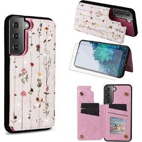 Asuwish Phone Case for Samsung Galaxy S21 5G 6.2 inch Wallet Cell Cover with Tempered Glass Screen Protector Luxury Flower PU Leather Card Holder Slot Stand S 21 21S G5 Women Girls Pastoral Rose
