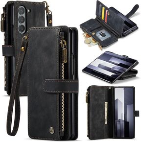 for Galaxy Z Fold 6 Case with S Pen Holder, PU Leather Wallet Case for Women Men with Card Holder Zipper Wrist Strap Kickstand Shockproof Protective Cover for Samsung Galaxy Z Fold 6 5G (Black)