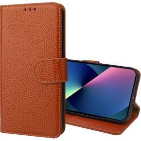 Bocasal Genuine Leather Wallet Case for iPhone 13 Pro 5G Wireless Charge RFID Blocking Credit Card Holder Kickstand Folio Flip Protective Cover with Wrist Strap Magnetic Clasp 6.1 Inch(Brown)