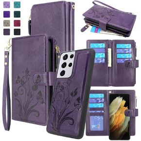 Lacass for Samsung Galaxy S21 Ultra G998U Case, [12 Card Slots] ID Credit Cash Holder Zipper Pocket Detachable Magnet Leather Wallet Cover with Wrist Strap Lanyard (Floral Blue Green)