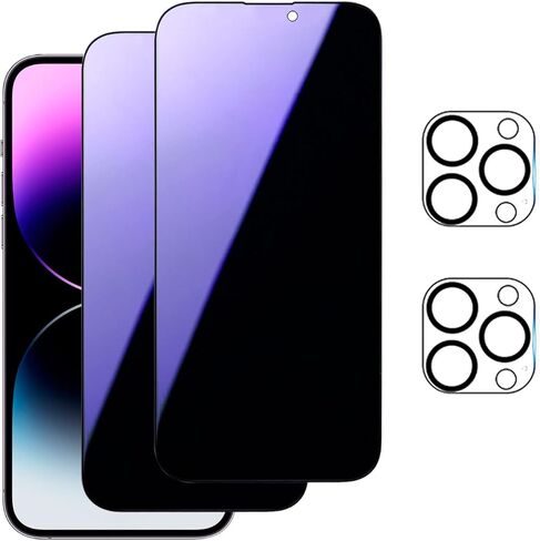 عبوتان من واقي شاشة الخصوصية المضاد للضوء الأزرق لهاتف iPhone 14 Pro + عبوتين من واقي عدسة الكاميرا، مضاد للتجسس الأزرق يحجب الضوء الأزرق حماية العين تغطية كاملة لفيلم من الزجاج المقوى (6.1 بوصة) in Kuwait