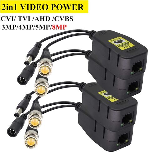 جهاز إرسال واستقبال شبكة Power Video Balun DC BNC إلى Cat5 RJ45 HD-CVI/TVI/AHD/CVBS مع موصل DC لنظام كاميرا مراقبة DVR 720P 960P 1080P 3MP 4MP 5MP 8MP CCTV Security DVR (18 سم - 4 أزواج) in Kuwait