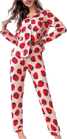WDIRARA Women's 2 Piece Fruit Pajama Set Strawberry Print Long Sleeve Button Shirt and Pants Sleepwear in Saudi Arabia