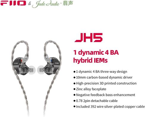 FiiO/JadeAudio JH5 1DD+4BA Hybrid 5 Drivers HiFi in-Ear Monitors Earphone, Detachable 0.78mm 2 Pin Cable 3.5mm Plug for Audiophile/Musician (Black) in Saudi Arabia