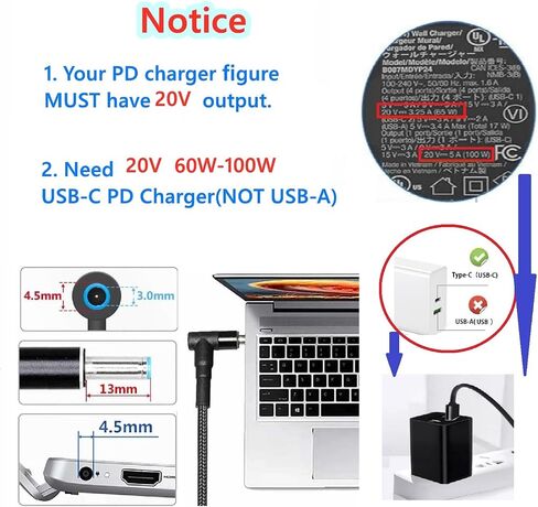 كابل شحن الكمبيوتر المحمول USB C إلى 4.5 مم، سلك محول USB من النوع C ذكر إلى DC 4.5 × 3.0 مم، كابل شاحن طاقة PD 6.5 قدم 100 وات لجهاز Pavilion Spectre Chromebook HP، Stream 11 13 14 15 in Saudi Arabia