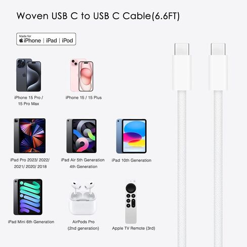 شاحن حائط iPhone 15، كابل شاحن سريع منسوج 20 واط USB C متوافق مع iPhone 15، 15 Pro Max، 15 Plus، iPad Pro 12.9/11، iPad Air 5/4th، AirPods Pro (الجيل الثاني)، Apple TV Siri (الثالث) للشحن الحبل (6 قدم) in Saudi Arabia
