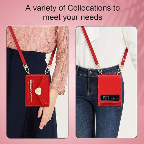 for Motorola Razr 2023 Wallet Case with Crossbody Strap, Motorola Razr 2023 Flip Case Credit Card Holder Heart Shaped Buckle Women Girls Leather Protective Case for Motorola Razr 2023 Red in Saudi Arabia