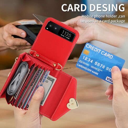 for Motorola Razr 2023 Wallet Case with Crossbody Strap, Motorola Razr 2023 Flip Case Credit Card Holder Heart Shaped Buckle Women Girls Leather Protective Case for Motorola Razr 2023 Red in Saudi Arabia