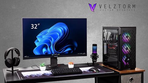 كمبيوتر مكتبي للألعاب Velztorm Ferrux II مخصص (Intel i9-12900K 16-Core، 16GB RAM، 512GB PCIe SSD + 2TB HDD (3.5)، Radeon RX 6600 XT، WiFi، بلوتوث، أسود، Win 10 Pro) in Kuwait