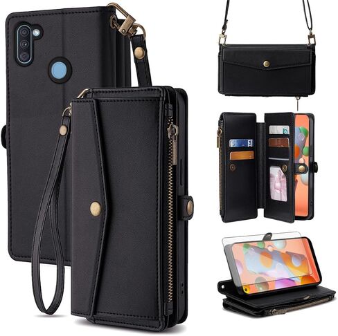Asuwish Phone Case for Samsung Galaxy A11/M11 Zipper Wallet Cover with Screen Protector and Leather Card Holder Slot Stand Wrist Strap Cell Accessories Flip Folio Mobile A 11 11A 11M Women Men Black in Saudi Arabia