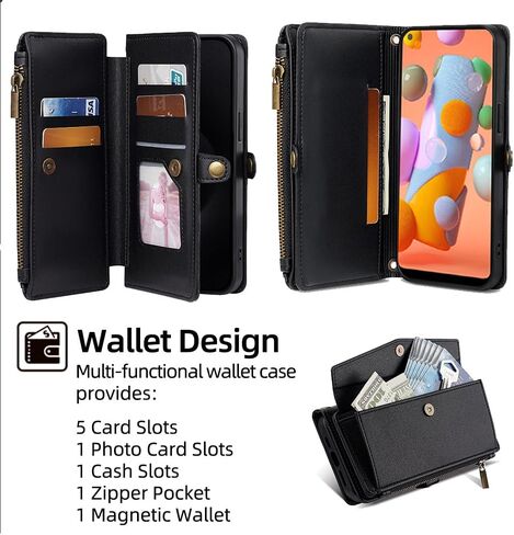 Asuwish Phone Case for Samsung Galaxy A11/M11 Zipper Wallet Cover with Screen Protector and Leather Card Holder Slot Stand Wrist Strap Cell Accessories Flip Folio Mobile A 11 11A 11M Women Men Black in Saudi Arabia