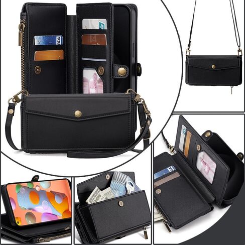 Asuwish Phone Case for Samsung Galaxy A11/M11 Zipper Wallet Cover with Screen Protector and Leather Card Holder Slot Stand Wrist Strap Cell Accessories Flip Folio Mobile A 11 11A 11M Women Men Black in Saudi Arabia