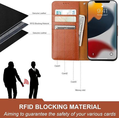 حافظة محفظة من الجلد الطبيعي من Bocasal لهاتف iPhone 13 Pro 5G للشحن اللاسلكي RFID مع حامل بطاقة الائتمان ومسند فوليو وغطاء واقٍ مع حزام معصم ومشبك مغناطيسي 6.1 بوصة (بني) in Saudi Arabia