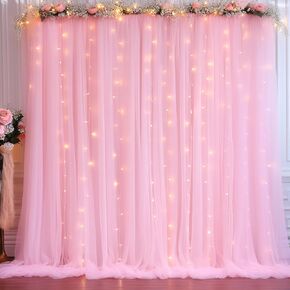 30x10ft Champagne Tulle Backdrop Curtain with Lights String for Parites, Sheer Photo Backdrop Curtains with Lights for Wedding Backdrop Ceremony Reception Bridal Shower Baby Shower Birthday Party