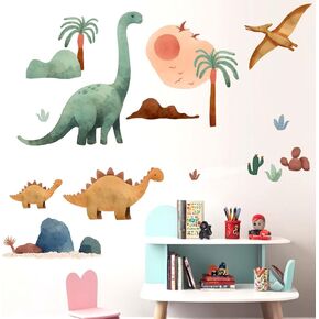 Dinosaur Wall Decals - Palm Tree Watercolor Dino Wall Stickers - Nursery Kids Baby Boys Room Daycare Playroom Classroom Wall Decor