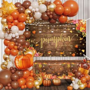 MEHOFOND Little Pumpkin Baby Shower Decorations, Fall Balloon Garland Arch Kit with Rustic Wood Baby Shower Banner Backdrop, Boho Orange Brown White Sand Balloons for Autumn Baby Shower Party Supplies