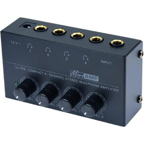 Stereo Input TRS Jack 1/4" Splitter 4X Micro amp 1 in 4 Out 1/4 inch Headphone Amplifier 4 Channel Audio (Black)