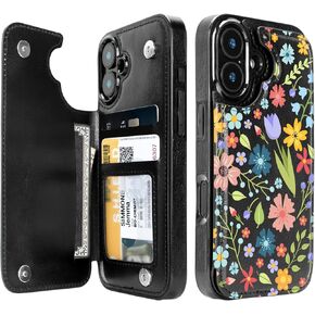 Compatible with iPhone 16 Pro Wallet Case with Card Holder, PU Leather Kicstand Flip Card Slots Design, Double Magnetic Cover for Girls Women Men 16 Pro 6.3", Black Leopard