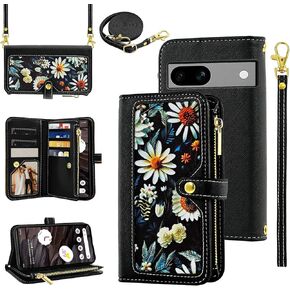 Floral Wallet Case for Google Pixel 6A 5G 2022 with Wrist Strap Shoulder Strap Flip Zipper Purse, Luxury PU Leather Credit ID Card Holder Stand Accessories Cell Phone Cover for Pixel6A A6 Black
