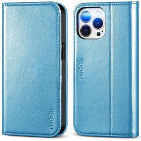 TUCCH Case for iPhone 13 Pro Max 5G, PU Leather Flip Kickstand Folio Wallet with [3 Credit Card Slots] Notebook Cover [Soft TPU Interior Case] Compatible with iPhone 13 Pro Max 6.7, Shiny Light Blue