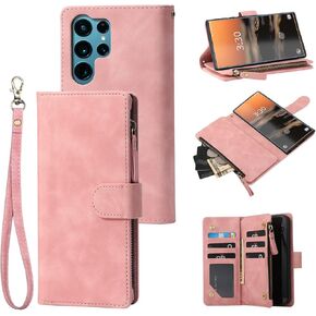 RANYOK Compatible with Galaxy S23 Ultra 5G Wallet Case, Premium PU Leather Zipper Folio RFID Blocking with Card Slot Wrist Strap Magnetic Closure Built-in Kickstand Protective Case (Blue)