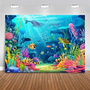 Mocsicka Under The Sea Backdrop Ocean Theme Party Decorations Little Mermaid Under The Sea for Grils Baby Shower Birthday Photography Background Photo Booth Prop (Blue, 7x5ft(82"x60"))