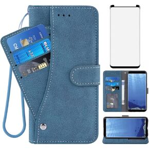 Asuwish Compatible with Samsung Galaxy S9 Wallet Case and Tempered Glass Screen Protector Flip Cover Credit Card Holder Stand Cell Accessories Phone Cases for Glaxay S 9 Edge 9S GS9 Women Men Blue