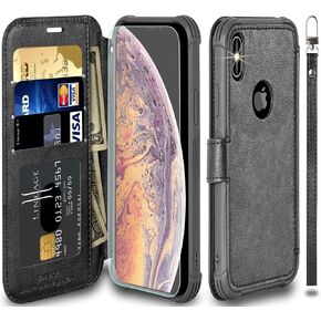 VANAVAGY Compatible for iPhone X/iPhone Xs/iPhone 10 Wallet Case,RFID Flip Leather Cover with Wrist Supports Wireless Charging with Card Holder and Glass Screen Protector,Black