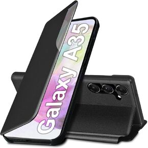 A35 Flip Case for Samsung Galaxy A35 5G Case, Clear View Slim Fit Leather Cover for Samsung A35 Phone Case with Kickstand Rugged Heavy Duty Shockproof Bumper Shell (6.6 Inches, 2024) (Black)
