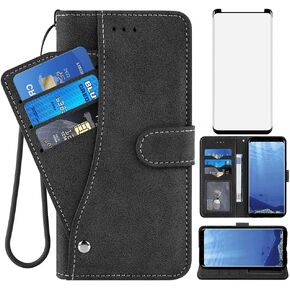 Asuwish Compatible with Samsung Galaxy S9 Wallet Case and Tempered Glass Screen Protector Flip Cover Credit Card Holder Stand Cell Accessories Phone Cases for Glaxay S 9 Edge 9S GS9 Women Men Blue in Kuwait