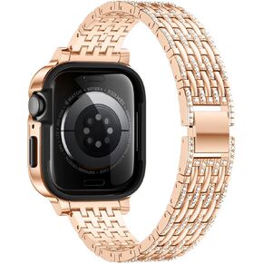 Diamond Metal Band Compatible with Apple Watch Bands for Women 40mm 41mm 44mm 45mm, Charm Bling Jewelry Replacement Wristbands Bracelet Straps with Case for iWatch Series 9 8 7 6 5 4 SE SE2