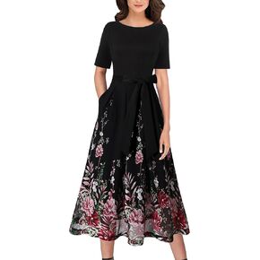VFSHOW Womens Navy Blue Belted Elegant Pockets Work Office Business Pleated A-Line Midi Dress 10119 BLU XL