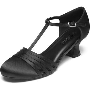 YESSA 1920s Shoes for Women Leather/Satin Ballroom Dance Shoes,T-Strap Character Shoes,2"/2.5" Dancing Pumps for Latin Salsa
