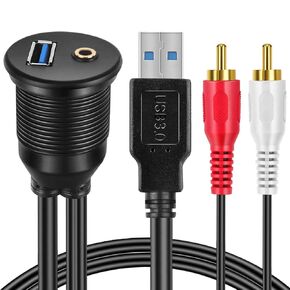 Flush Mount Cable Kit 3 ft USB 3.0 Male to Female and 2 RCA Male to 3.5mm Female AUX Extension Cable Dashboard Panel Dash Mount Port 3 feet