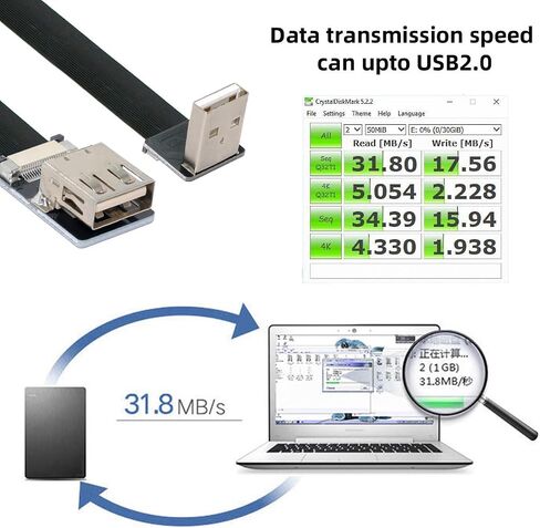 cablecc Down Angled USB 2.0 Type-A Male to Female Extension Data Flat Slim FPC Cable for FPV & Disk & Scanner & Printer 200cm in Saudi Arabia