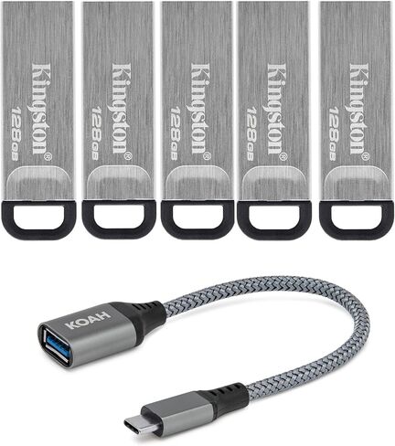 Kingston 128GB DataTraveler Kyson 200MBPS Read 60MBPS Write Speed Flash Drive (5-Pack) Bundle with USB-C Adapter (2 Items) in Saudi Arabia