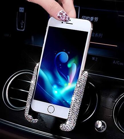 Luxury Fashionable Convenient Bling Rhinestone Crystal Car Dash Air Vent Slip-On Adjustable Phone Holder for Easy View GPS Screen (Silver M Holder) in Kuwait