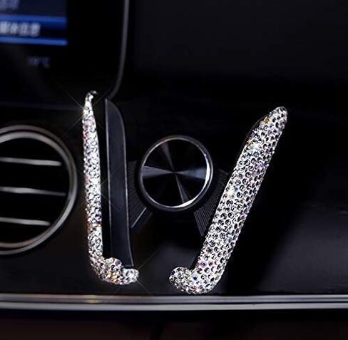 Luxury Fashionable Convenient Bling Rhinestone Crystal Car Dash Air Vent Slip-On Adjustable Phone Holder for Easy View GPS Screen (Silver M Holder) in Kuwait