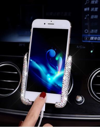 Luxury Fashionable Convenient Bling Rhinestone Crystal Car Dash Air Vent Slip-On Adjustable Phone Holder for Easy View GPS Screen (Silver M Holder) in Kuwait
