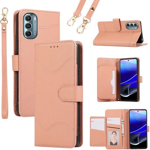 حافظة محفظة لهاتف Motorola Moto G Stylus 5G 2022 مع حزام معصم وحزام كتف وحامل بطاقات قابل للطي من جلد البولي يوريثان 7+ فتحات للبطاقات وغطاء هاتف يحجب RFID لهاتف XT2215-1 XT2215-4 XT2215DL وردي in Kuwait