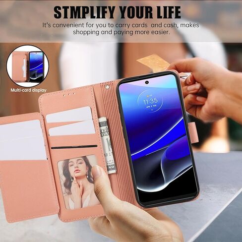 حافظة محفظة لهاتف Motorola Moto G Stylus 5G 2022 مع حزام معصم وحزام كتف وحامل بطاقات قابل للطي من جلد البولي يوريثان 7+ فتحات للبطاقات وغطاء هاتف يحجب RFID لهاتف XT2215-1 XT2215-4 XT2215DL وردي in Kuwait