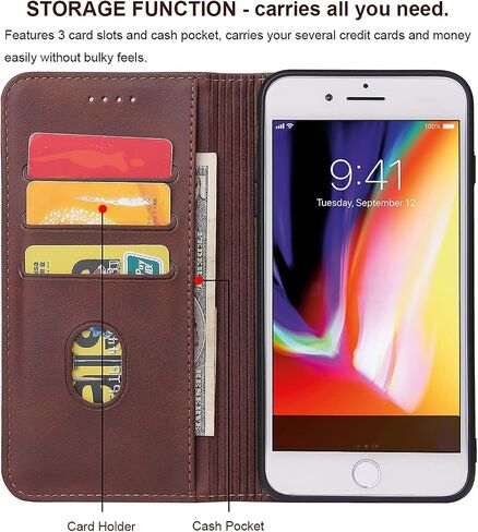 iPhone 7 iPhone 8 iPhone SE 2020 iPhone SE 2022 Case, Premium Wallet Case with Card Holder Kickstand Built-in Magnetic Closure Flip Folio Phone Cover for iPhone 7/8/SE - Coffee Brown in Saudi Arabia