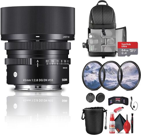 Sigma 45mm f/2.8 DG DN Contemporary Lens for Sony E (360965) Bundle: 64 GB Memory Card, Card Reader, Backpack, Lens Hood, 3-Piece Filter Kit, Lens Pouch, Full Cleaning Kit, Lens Caps, and More in Saudi Arabia