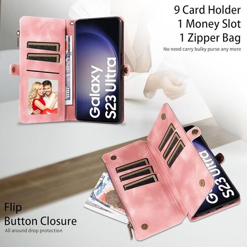 LBYZCASE for Galaxy S23 FE 5G Wallet Case with Zipper Credit Card Holder[RFID Blocking],Flip Folio Book Retro Leather Phone Case Cover for Samsung Galaxy S23 FE,Rose Gold in Saudi Arabia