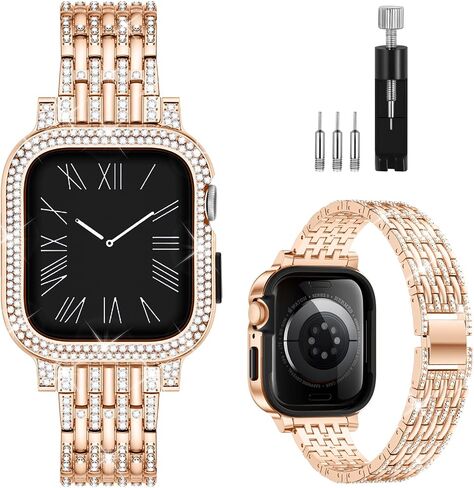 Diamond Metal Band Compatible with Apple Watch Bands for Women 40mm 41mm 44mm 45mm, Charm Bling Jewelry Replacement Wristbands Bracelet Straps with Case for iWatch Series 9 8 7 6 5 4 SE SE2 in Saudi Arabia