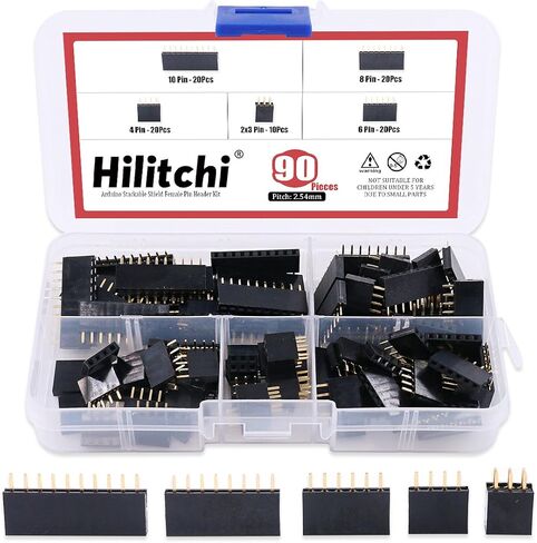 Hilitchi 90 قطعة 2.54 مم رؤوس درع قابلة للتكديس مجموعة متنوعة من رؤوس الدبوس لدرع نموذج Arduino (صف مزدوج 3/4/6/8/10 دبابيس) in Saudi Arabia